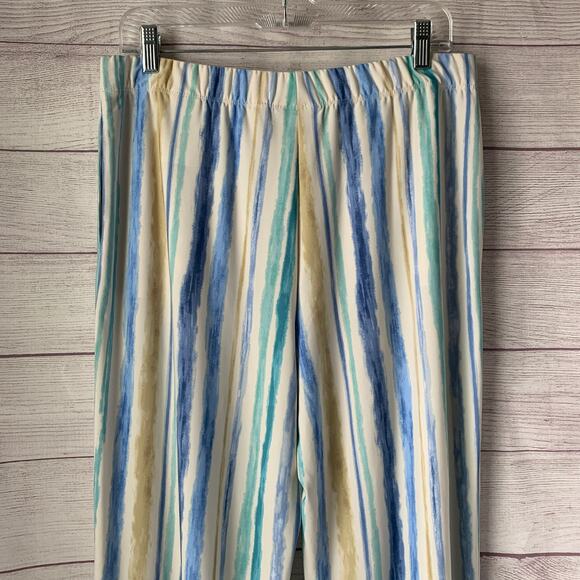 Susan Graver Blue Beige Striped Crop Wide Leg Pants or Capris Pockets Size M - Picture 5 of 12